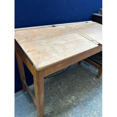 461 - 1950s beech wood double school desk with holes for ink wells