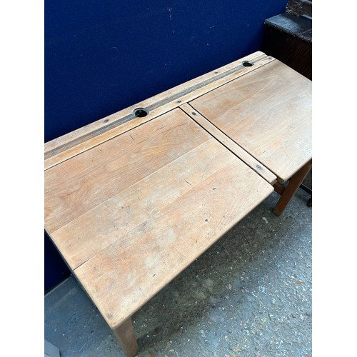 461 - 1950s beech wood double school desk with holes for ink wells