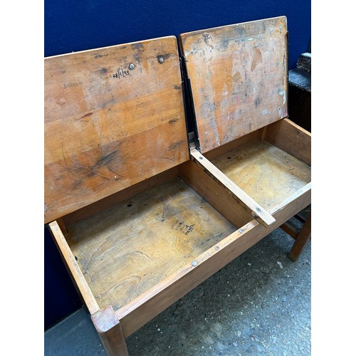 461 - 1950s beech wood double school desk with holes for ink wells