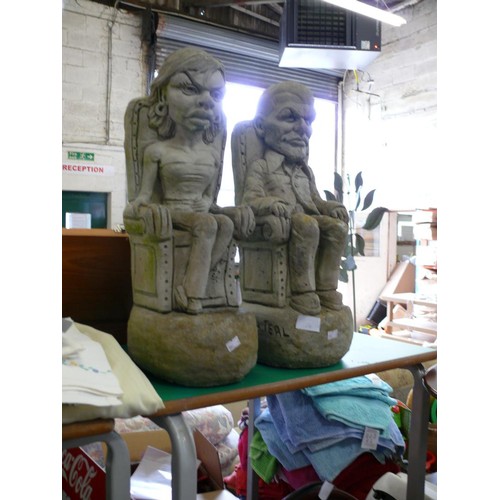 471 - A PAIR OF CONCRETE GARDEN FIGURES 50CMS HIGH,  'VICTORIA AND DAVID BECKHAM' SIGNED A. TEAL