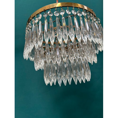 307 - Large vintage crystal waterfall drop  chandelier light fitting in three tiers with faceted crystal d... 