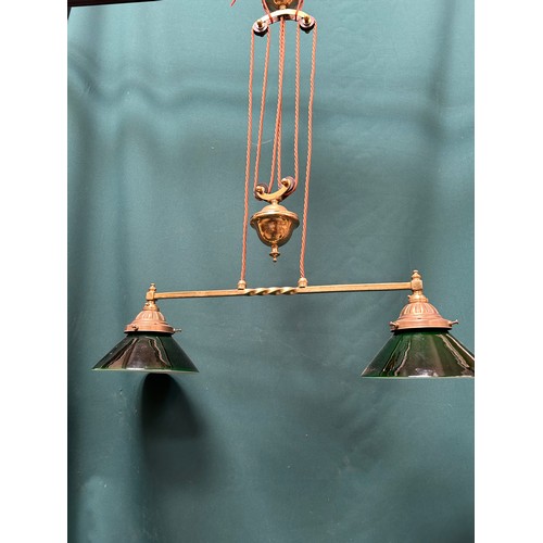 311 - Good quality billiard room style 2 branch light fitting, the brass rod with two green glass suspende... 