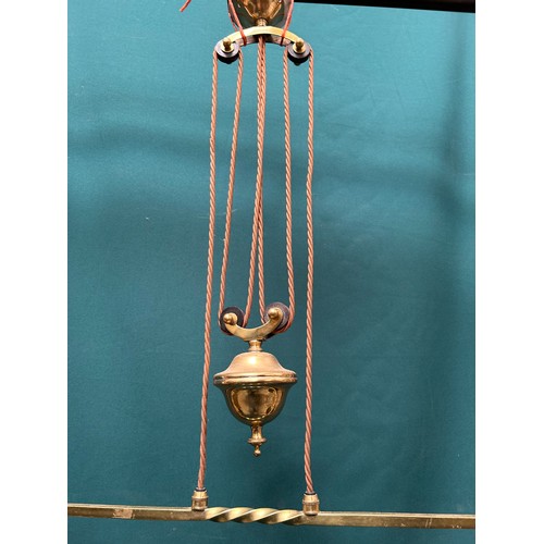 311 - Good quality billiard room style 2 branch light fitting, the brass rod with two green glass suspende... 