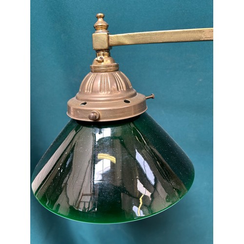 311 - Good quality billiard room style 2 branch light fitting, the brass rod with two green glass suspende... 