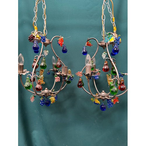 306 - Pair of very decorative fruit crystal chandelier light fittings, each with three light branches and ... 