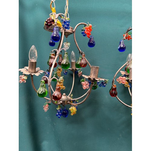 306 - Pair of very decorative fruit crystal chandelier light fittings, each with three light branches and ... 