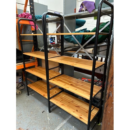 487 - A Staples modular shelf system with pine shelves - circa 1970's. 80's. 4 metal ends and 15 shelves