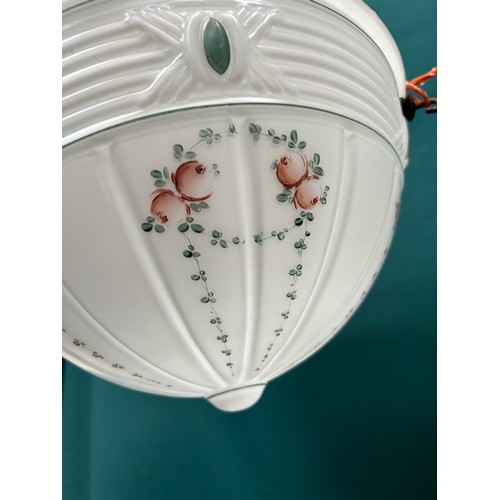 302 - A large 1920’s Opaline Glass Plaffonier light shade moulded with ribbed design and hand painted with... 