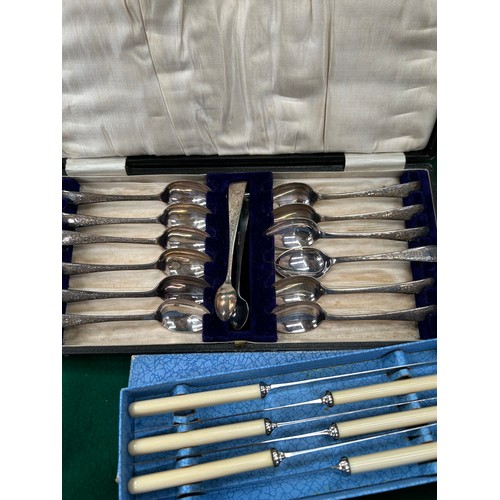 301 - Silver plated cutlery comprising boxed set of 12 teaspoons with sugar tongs, boxed tea knives by Jos... 