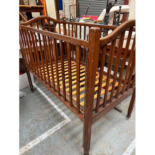 351A - A vintage oak framed cot with drop sides and a mattress - good quality & condition