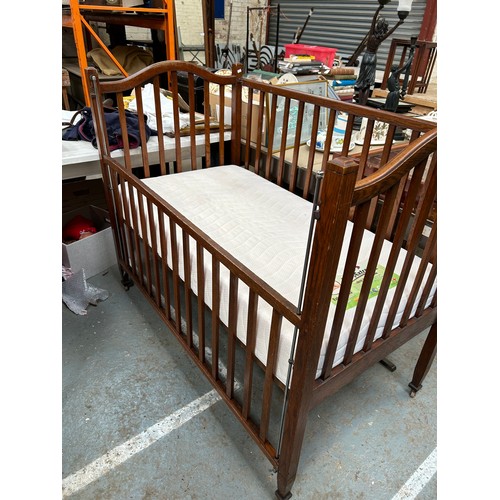 351A - A vintage oak framed cot with drop sides and a mattress - good quality & condition