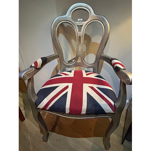 419 - French style occasional chair in silver finish with Union Jack upholstery