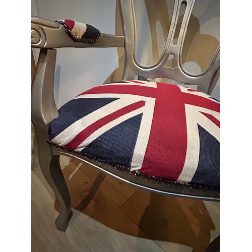 419 - French style occasional chair in silver finish with Union Jack upholstery