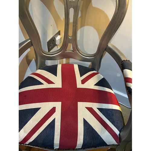 419 - French style occasional chair in silver finish with Union Jack upholstery