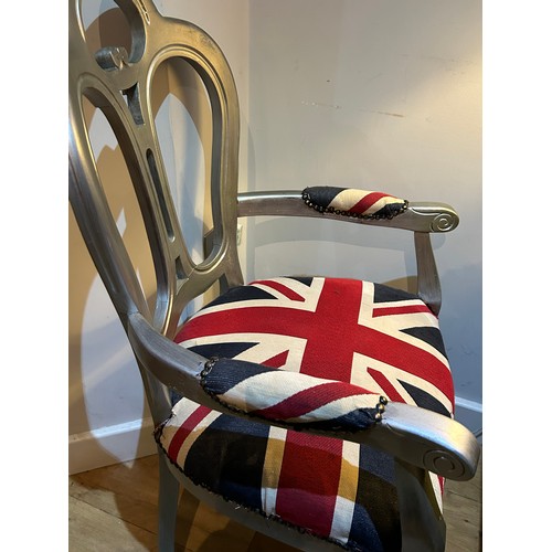 419 - French style occasional chair in silver finish with Union Jack upholstery