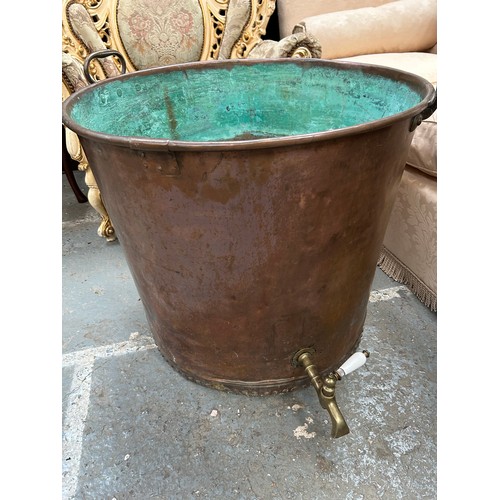 432 - Large Victorian Copper Water Butt - riveted joins and brass tap with porcelain handle. 27