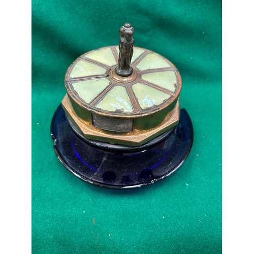 117K - An unusual mid century ashtray and revolving match dispenser & striker. The ashtray in cobalt blue g... 