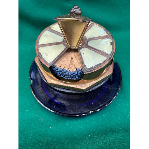 117K - An unusual mid century ashtray and revolving match dispenser & striker. The ashtray in cobalt blue g... 