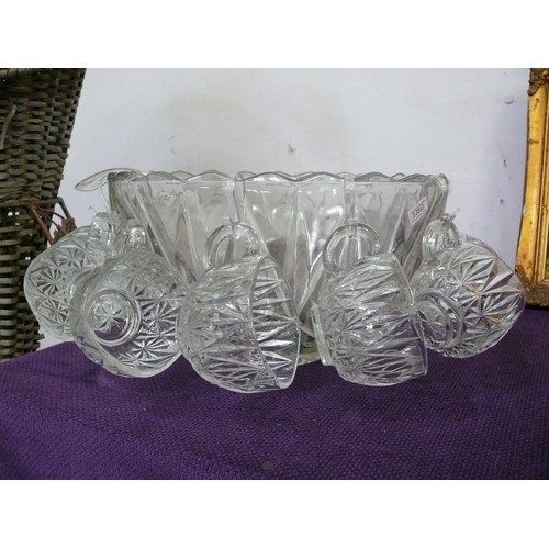 118 - LARGE GLASS PUNCH BOWL WITH 12 MATCHING CUPS PLUS LADEL