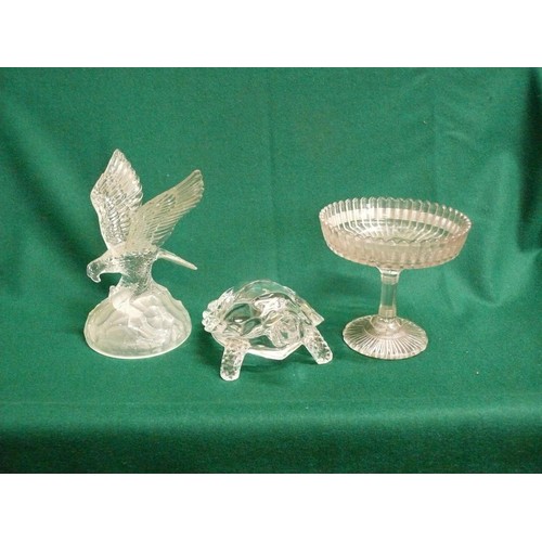 121 - LARGE GLASS TORTOISE AND A GLASS EAGLE WITH  FISH IN CLAWS PLUS A VICTORIAN GLASS BONBON DISH