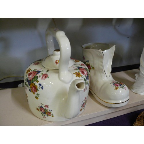 63 - MARYLEIGH POTTERY, STAFFORDSHIRE - LARGE BOOT PLANTER AND A LARGE KETTLE