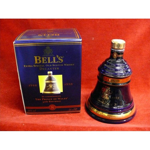 67 - WADE COMMEMORATIVE PORCELAIN BELL  DECANTER ' THE PRINCE OF WALES 50TH BIRTHDAY' SEALED WITH BOX