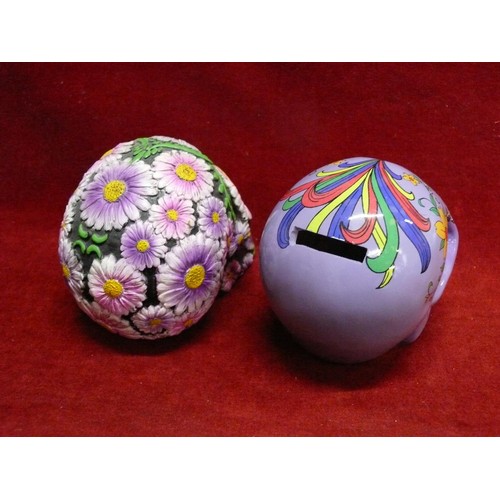 69 - 2 VERY COLOURFUL AND DECORATIVE SKULLS (ONE IS A MONEYBOX)