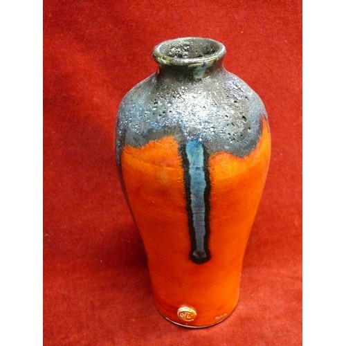 74 - HANDMADE  RETRO LAVA GLAZE VASE IN ORANGE BY PARK CERAMICS