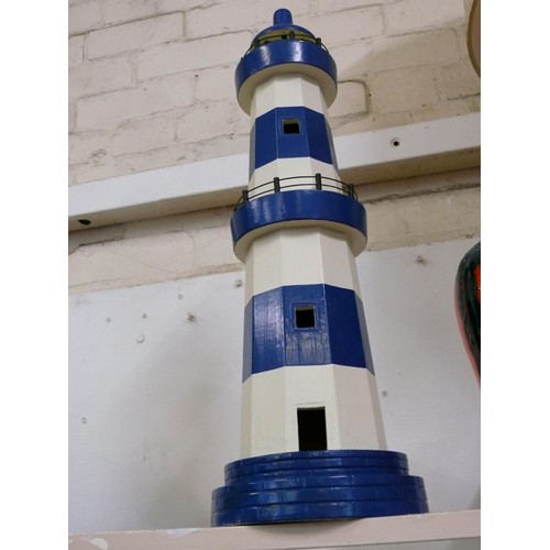 75 - TALL WOODEN LIGHTHOUSE MODEL IN BLUE AND WHITE