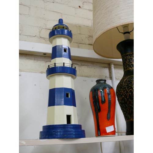 75 - TALL WOODEN LIGHTHOUSE MODEL IN BLUE AND WHITE