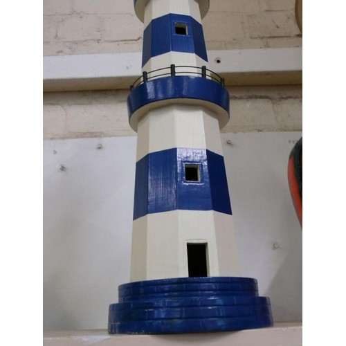 75 - TALL WOODEN LIGHTHOUSE MODEL IN BLUE AND WHITE