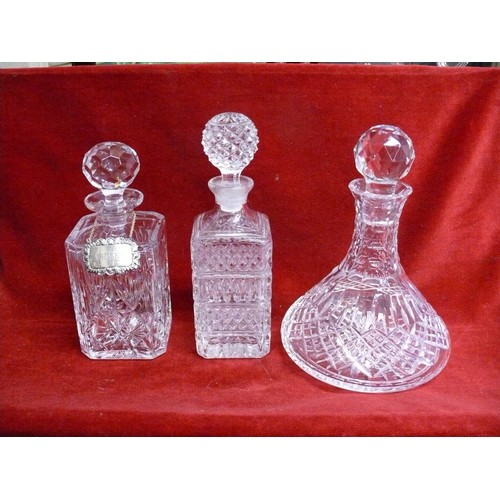 80 - CUT GLASS WHISKY DECANTER WITH LABEL,  CUT GLASS SHIPS DECANTER AND ANOTHER DECANTER