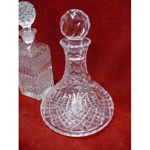 80 - CUT GLASS WHISKY DECANTER WITH LABEL,  CUT GLASS SHIPS DECANTER AND ANOTHER DECANTER