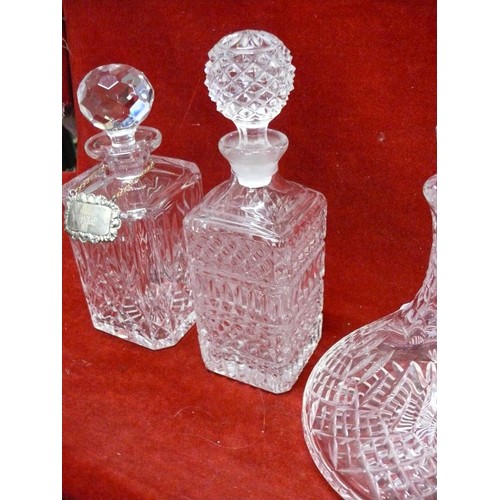 80 - CUT GLASS WHISKY DECANTER WITH LABEL,  CUT GLASS SHIPS DECANTER AND ANOTHER DECANTER