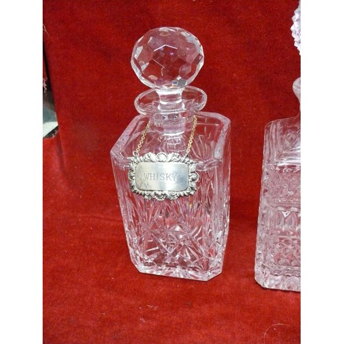 80 - CUT GLASS WHISKY DECANTER WITH LABEL,  CUT GLASS SHIPS DECANTER AND ANOTHER DECANTER