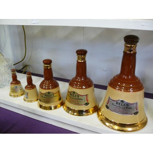 95 - 5   X WADE SEALED BELL'S DECANTERS IN STAGGERED SIZES, 75CL, 50CL, 18.75CL  AND 2 MINIATURES