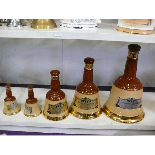 95 - 5   X WADE SEALED BELL'S DECANTERS IN STAGGERED SIZES, 75CL, 50CL, 18.75CL  AND 2 MINIATURES