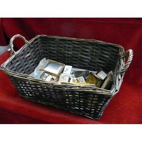 120 - BASKET OF SMOKING COLLECTABLES, MATCHBOXES, CIGARETTE CASSES  ETC