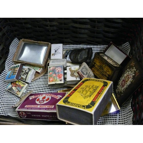 120 - BASKET OF SMOKING COLLECTABLES, MATCHBOXES, CIGARETTE CASSES  ETC