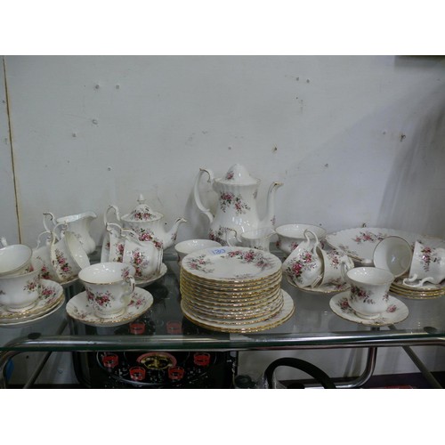 130 - LARGE ROYAL ALBERT LAVENDER ROSE COFFEE AND TEA SETS TO INCLUDE COFFEE AND TEAPOTS, MILK JUGS , SUGA... 