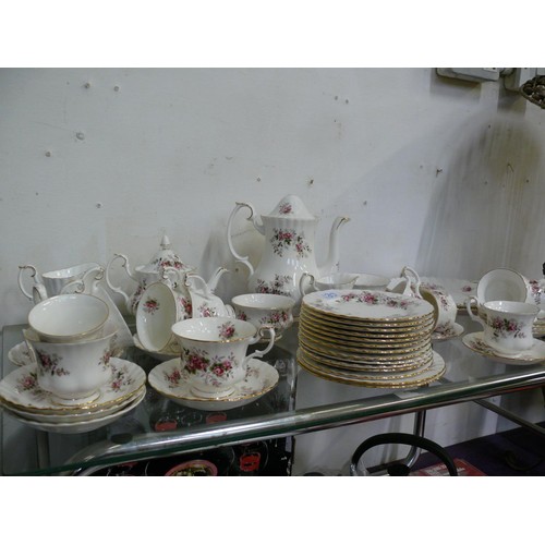 130 - LARGE ROYAL ALBERT LAVENDER ROSE COFFEE AND TEA SETS TO INCLUDE COFFEE AND TEAPOTS, MILK JUGS , SUGA... 