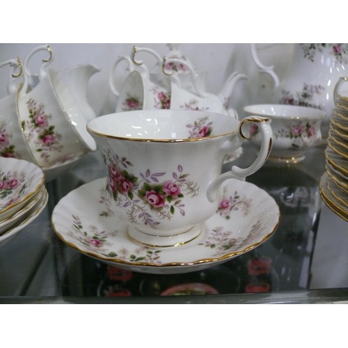 130 - LARGE ROYAL ALBERT LAVENDER ROSE COFFEE AND TEA SETS TO INCLUDE COFFEE AND TEAPOTS, MILK JUGS , SUGA... 