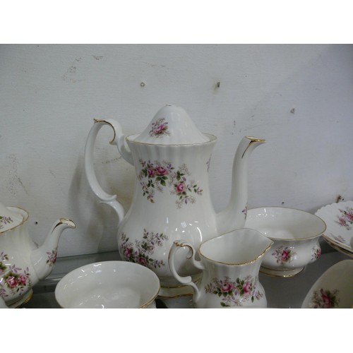 130 - LARGE ROYAL ALBERT LAVENDER ROSE COFFEE AND TEA SETS TO INCLUDE COFFEE AND TEAPOTS, MILK JUGS , SUGA... 