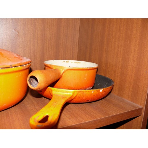 141 - 3 LE CRUESET VOLCANIC ORANGE PANS 2 WITH LIDS AND 1 FRYING PAN