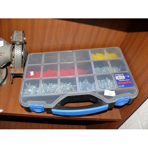 144 - A TOOL PARTS ORGANISER CASE WITH CONTENTS OF SCREWS AND RAWL PLUGS