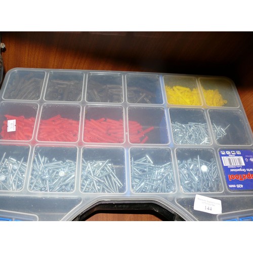 144 - A TOOL PARTS ORGANISER CASE WITH CONTENTS OF SCREWS AND RAWL PLUGS