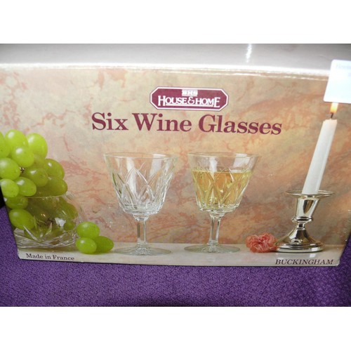 136 - NEW AND BOXED GLASS VASE AND 6 WINE GLASSES