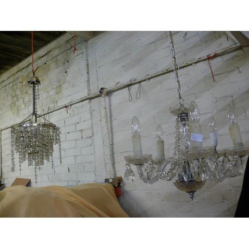 165 - A BEAUTIFUL 5 ARM CRYSTAL CHANDELIER PLUS A JEWELLED CRYSTAL WATERFALL CHANDELIER