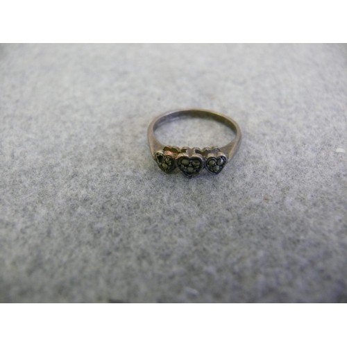 18 - VINTAGE SILVER RING WITH TRIPLE HEART MARCASITE DESIGN