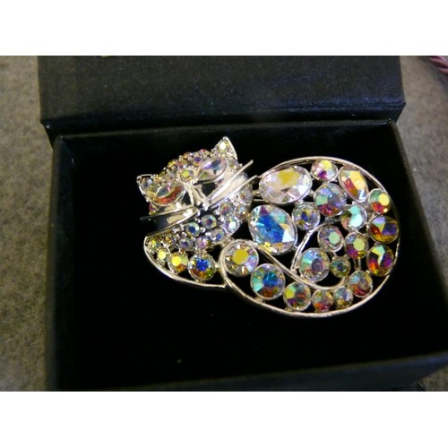 40 - A BEAUTIFUL JEWEL ENCRUSTED CAT BROOCH AND A PURPLE SLIDER BRACELET